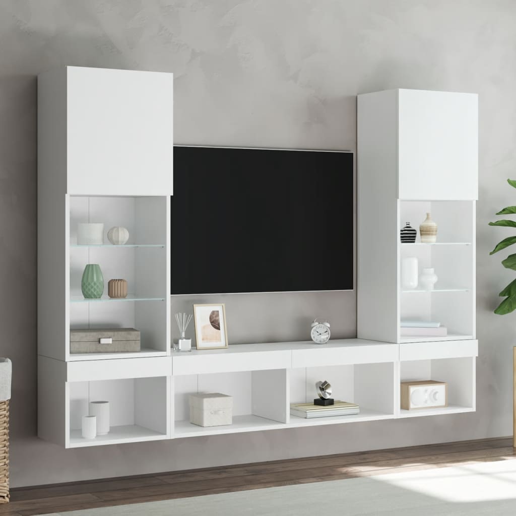 Tv-bänk 5 delar LED vit konstruerat trä