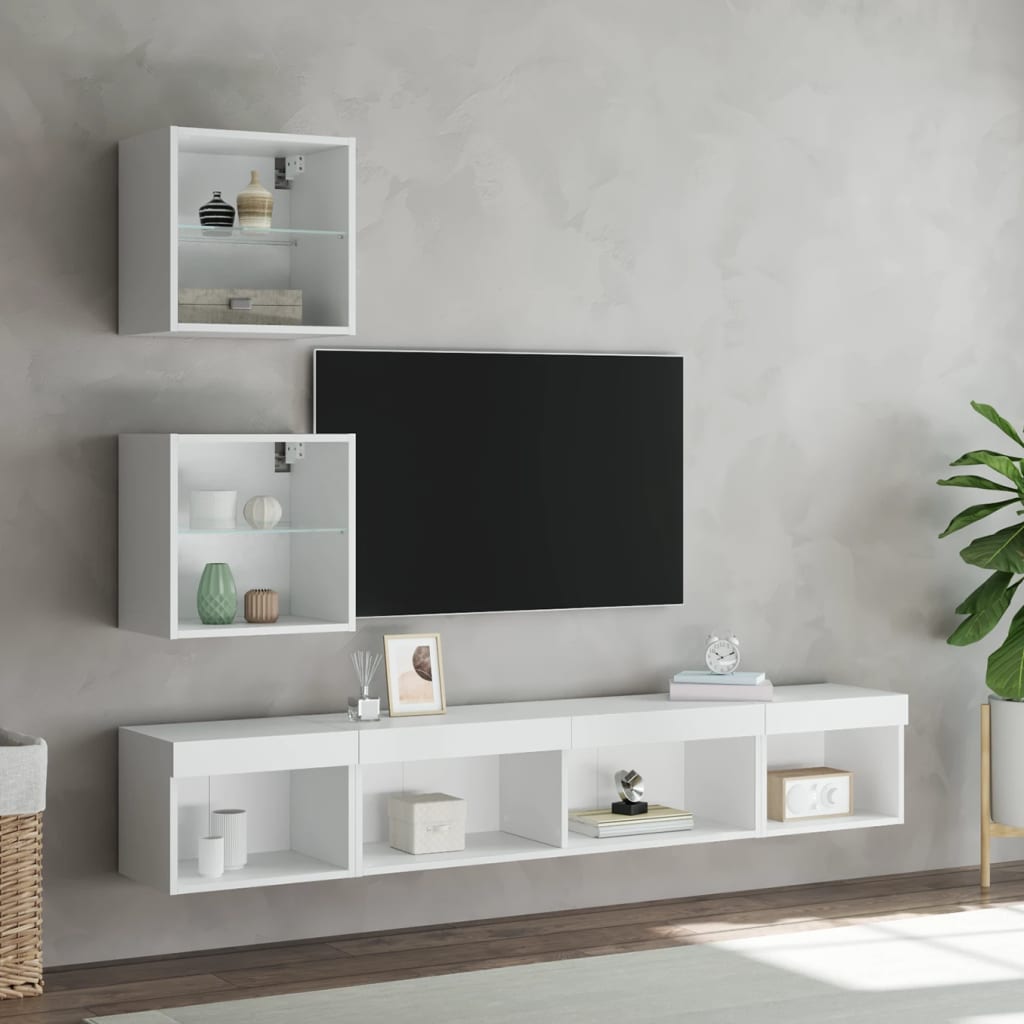 Tv-bänk 5 delar LED vit konstruerat trä