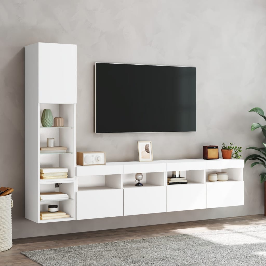 Tv-bänk 4 delar LED vit konstruerat trä