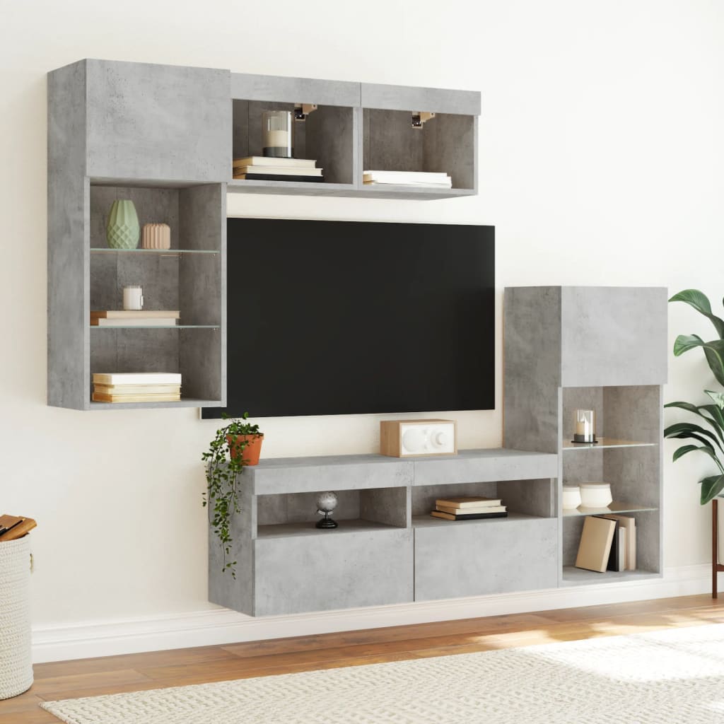 Tv-bänk 5 delar LED betonggrå konstruerat trä