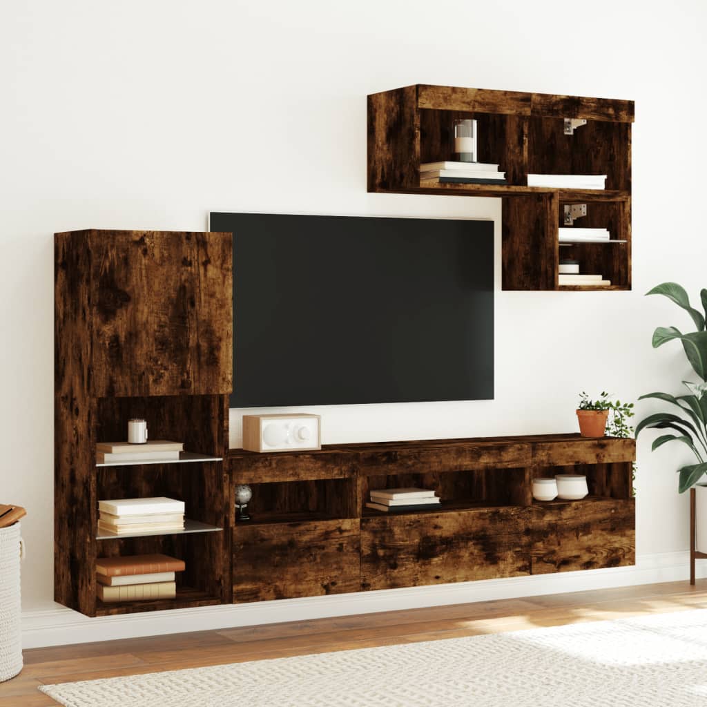 XXXXX Tv-bänk 6 delar LED rökfärgad ek
