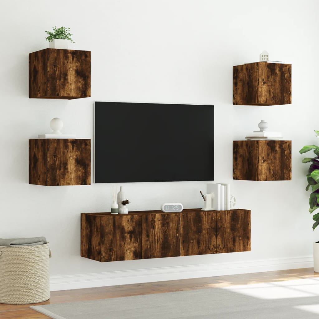 XXXXX Tv-bänk 6 delar LED rökfärgad ek