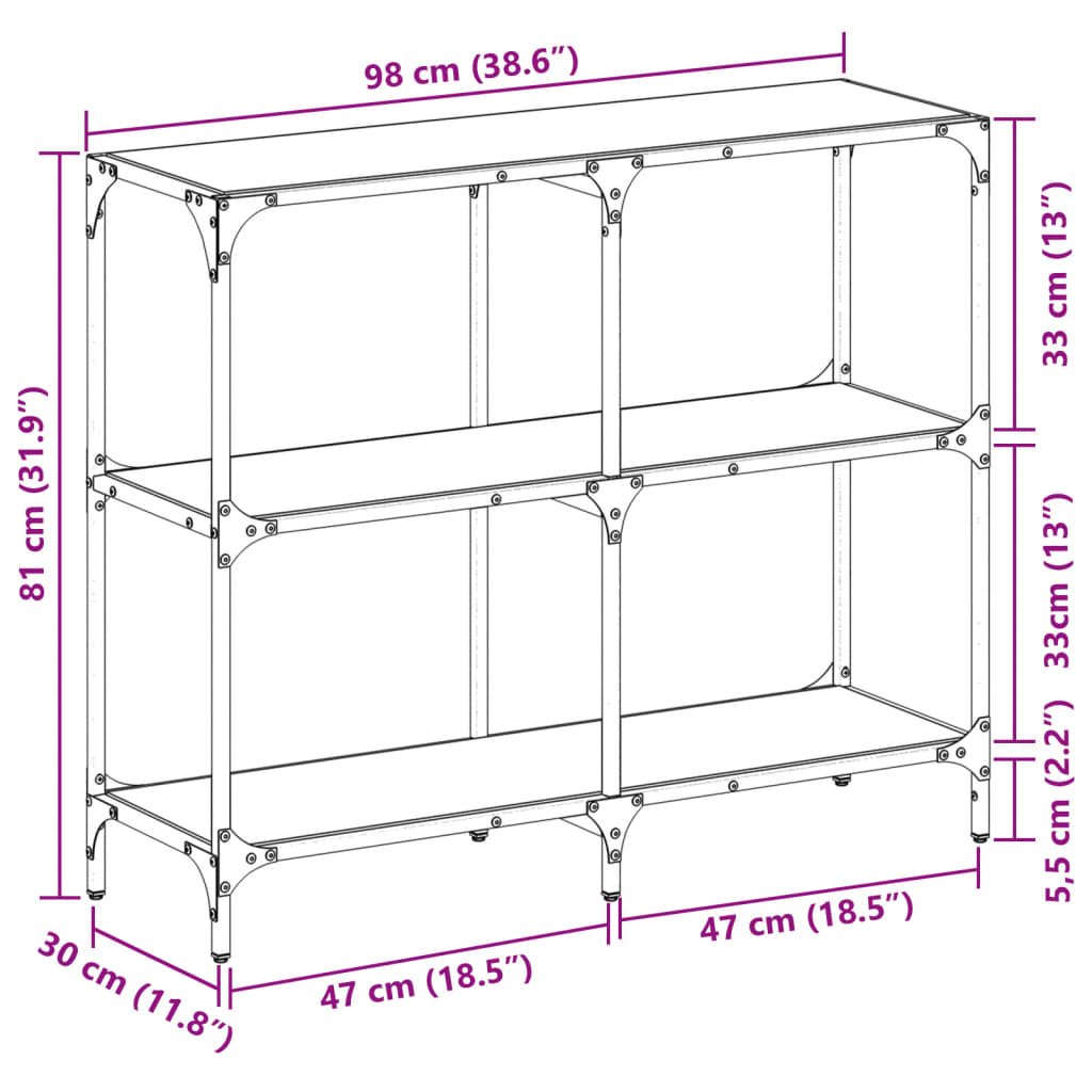 Avlastningsbord Konsollbord DIV. med Svart glasskiva 98x30x81 cm stål