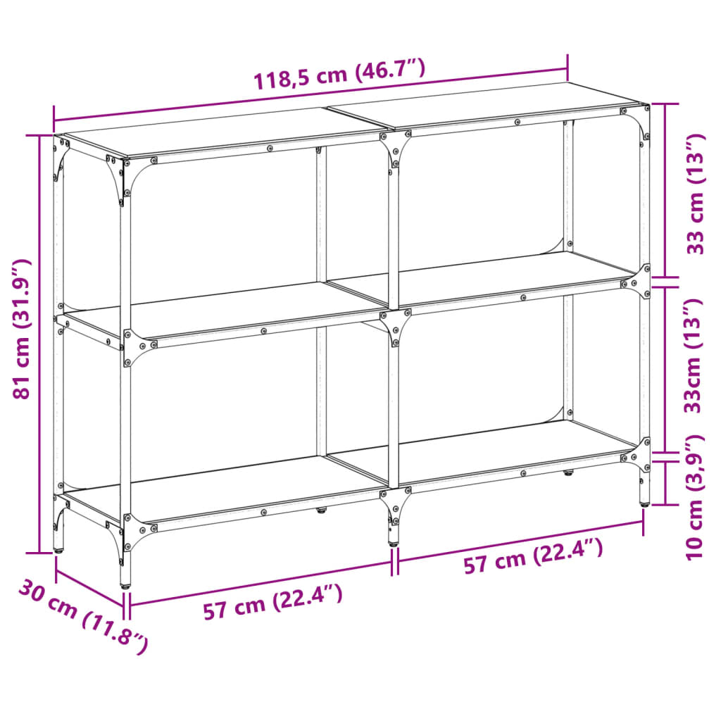 Avlastningsbord Konsollbord DIV. med transparent glasskiva 118,5x30x81 cm stål