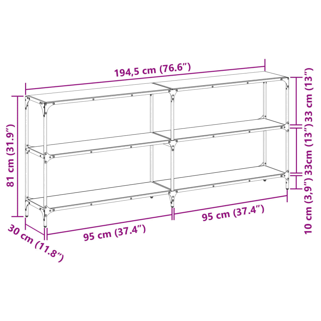 Avlastningsbord Konsollbord DIV. med transparent glasskiva 194,5x30x81 cm stål