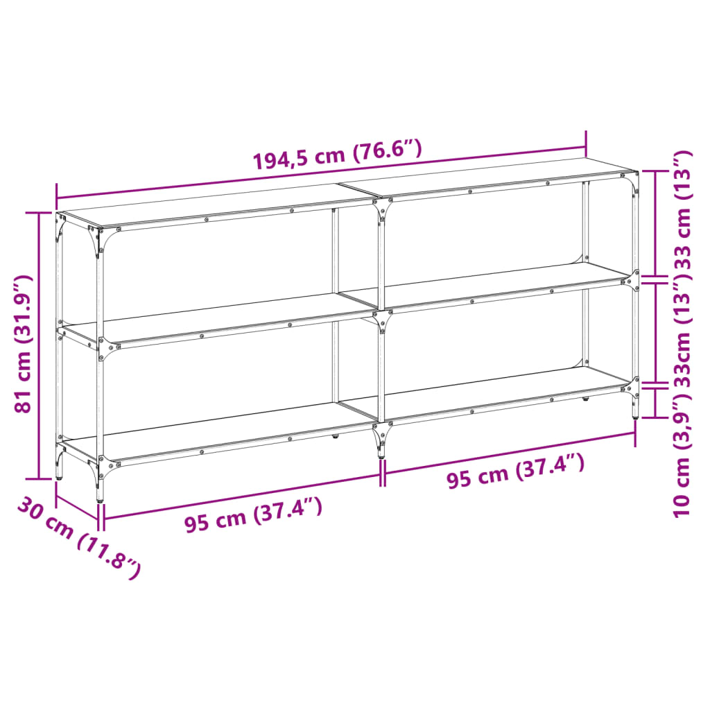 Avlastningsbord Konsollbord DIV. med Svart glasskiva 194,5x30x81 cm stål