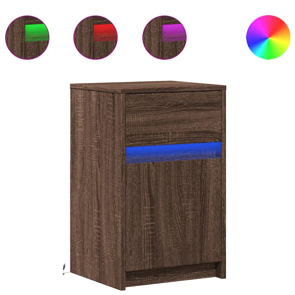 Sängbord med LED-lampor 2 st brun ek konstruerat trä