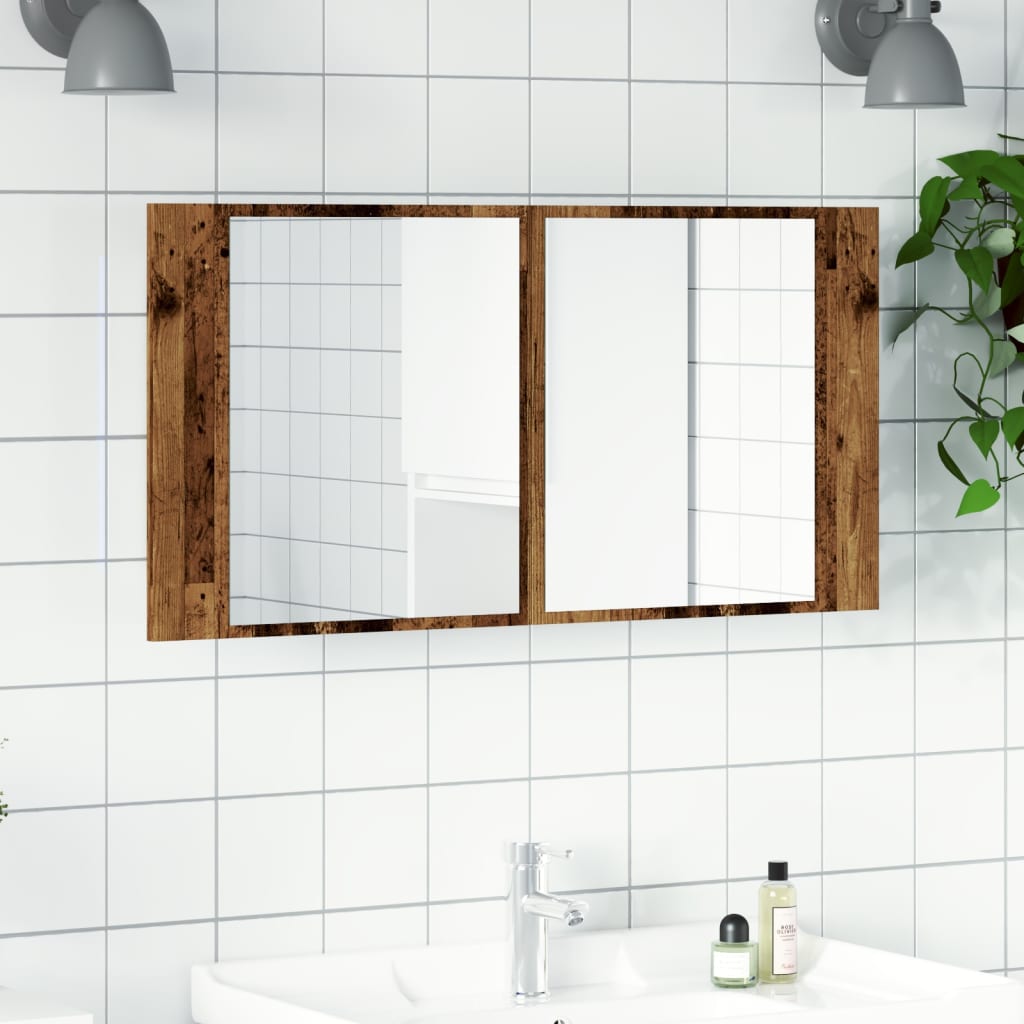 Badrumsspegel Spegelskåp LED Åldrat Trä 90x12x45 cm