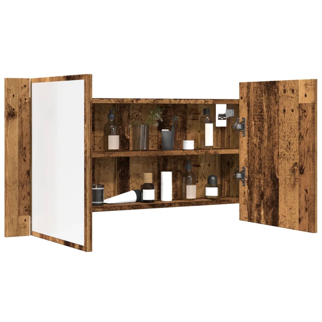 Badrumsspegel Spegelskåp LED Åldrat Trä 90x12x45 cm