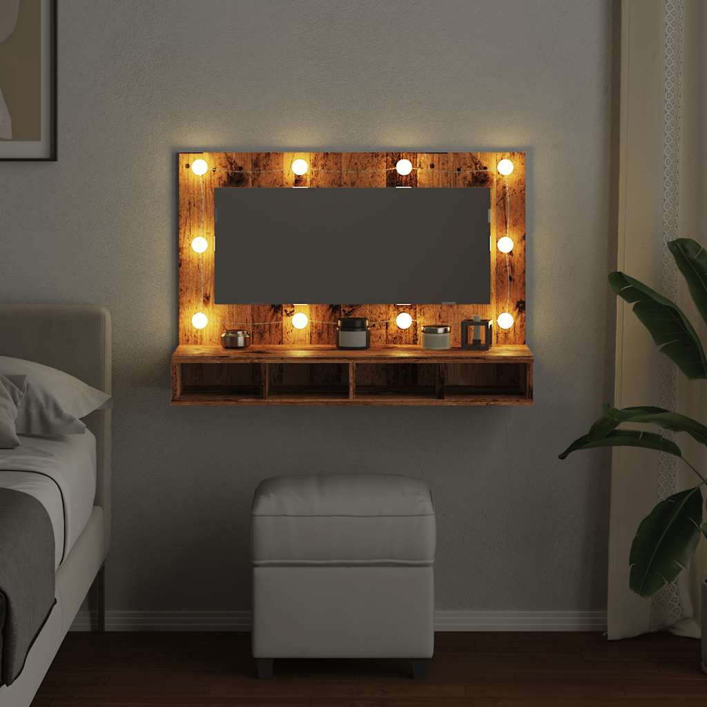 Badrumsspegel Spegelskåp LED gammalt Trä 90x31,5x62 cm