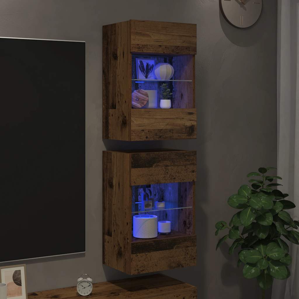 Nástenné skrinky s LED osvetlením pre TV 2 st åldrat trä 40x30x60,5 cm