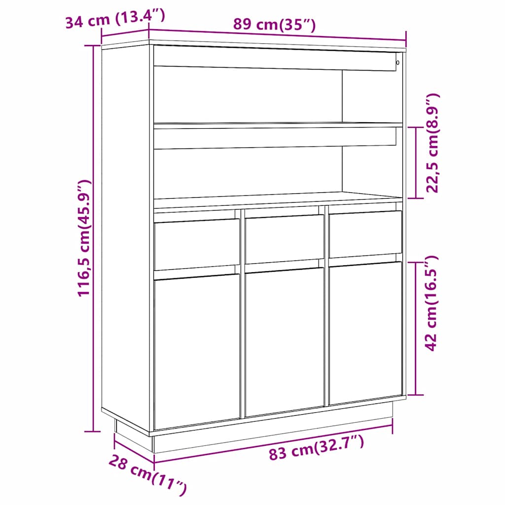 Skåp Vit 89x34x116,5 cm massiv furu
