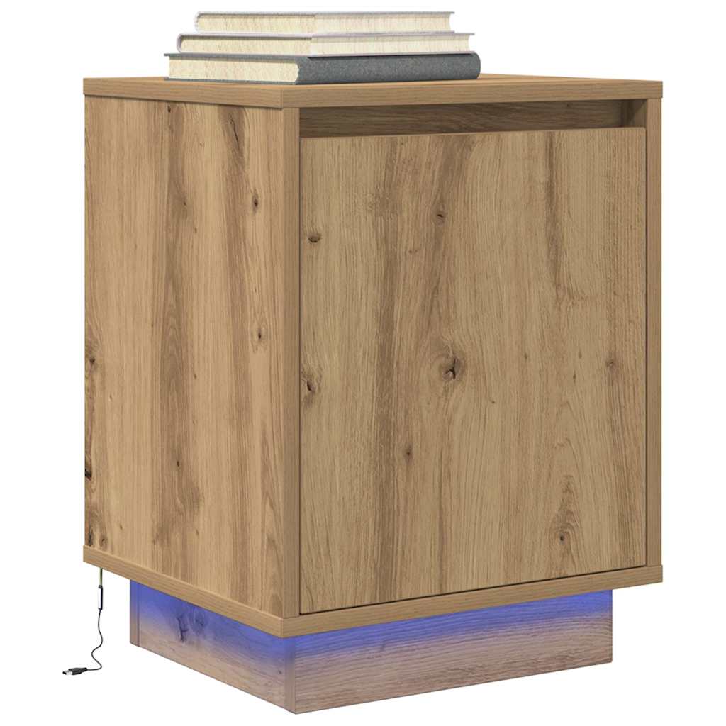 Sängbord med LED-lampor 2 st, hantverksmässig ek 38x34x50 cm