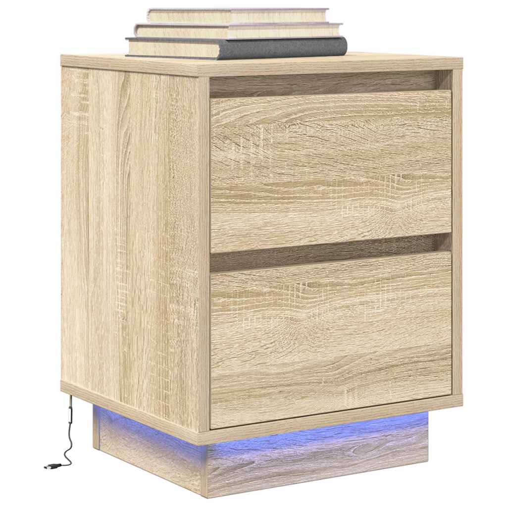 Sängbord med LED-lampor 2 st, Sonoma Ek 38x34x50 cm