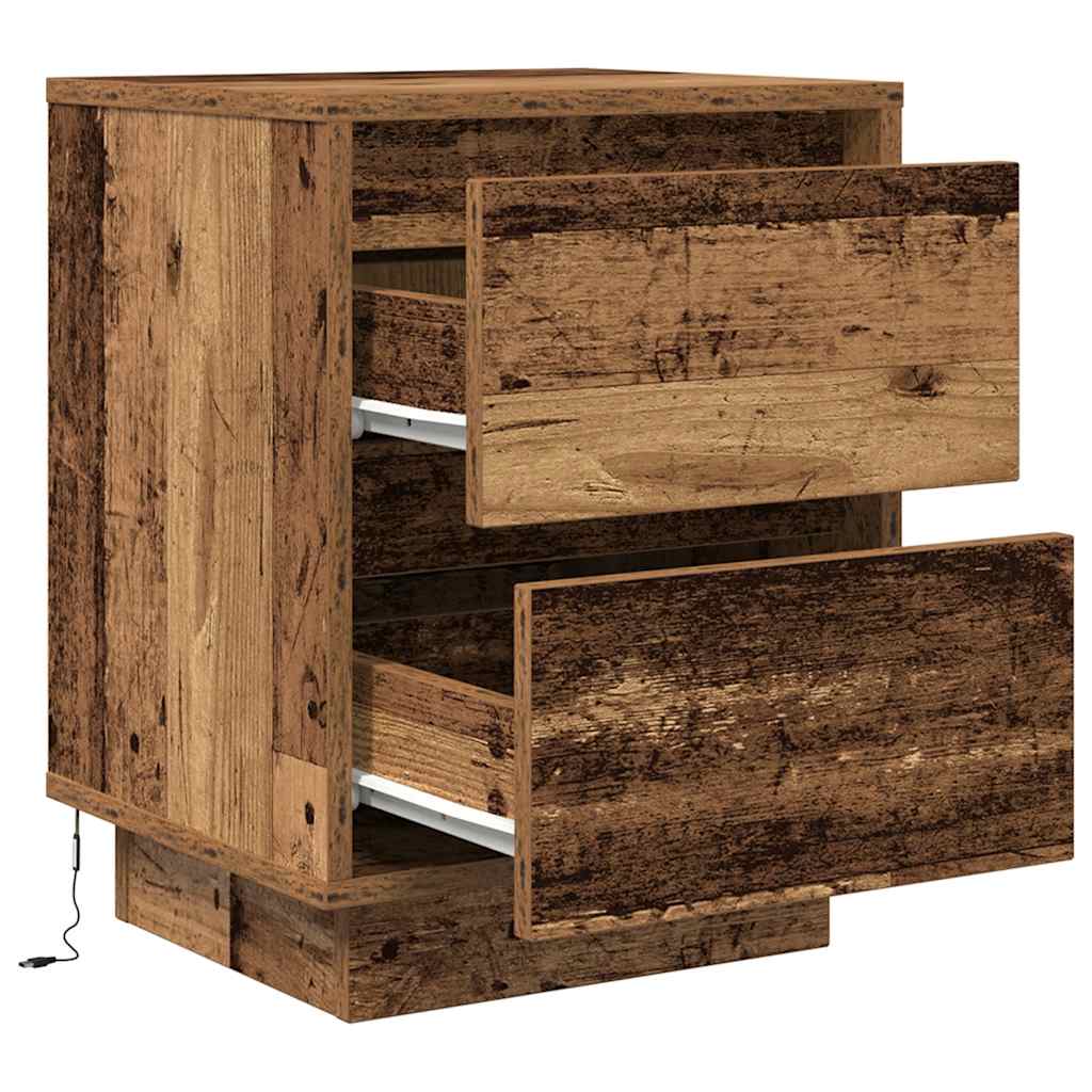 Sängbord med LED-lampor 2 st gammalt trä 38x34x50 cm