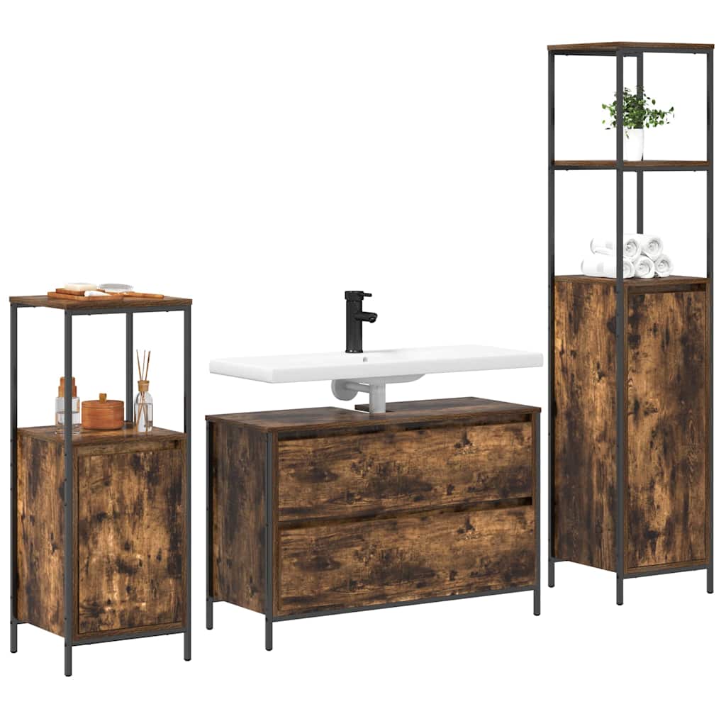 Badrumsmöbelset med hylla 3 pcs Rökfärgad ek 90 x 34.5 x 60 cm