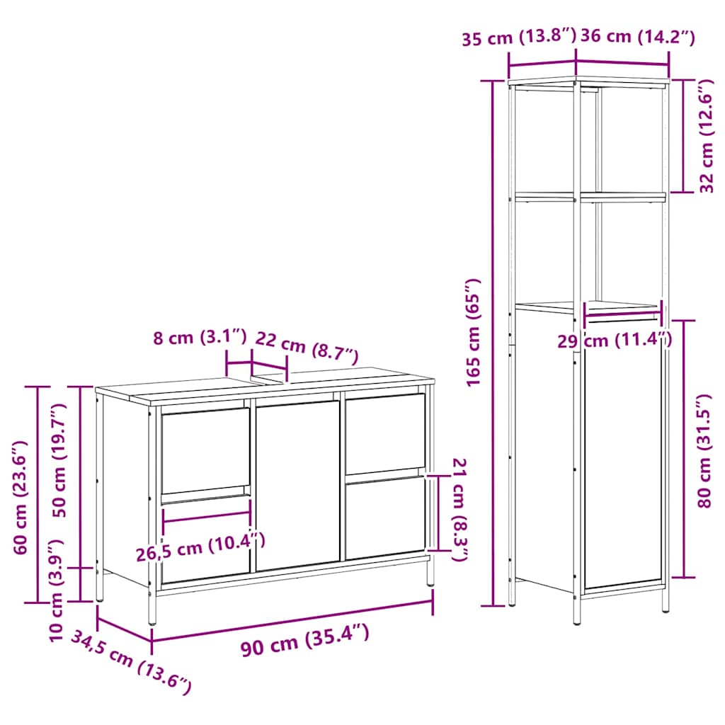 Badrumsmöbelset 2 pcs Rökt ek och svart 36 x 35 x 165 cm