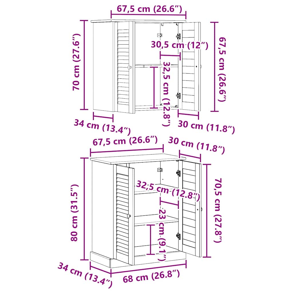 Badrumsmöbelset VIGO 2 pcs Brun 67,5 x 34 x 80 cm Massiv furu