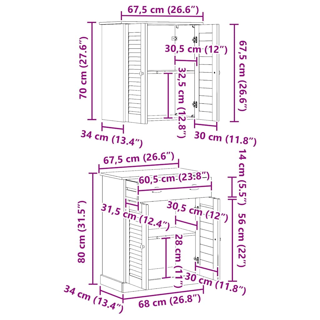 Badrumsmöbelset VIGO 2 pcs Brun 67,5 x 34 x 80 cm Massiv furu