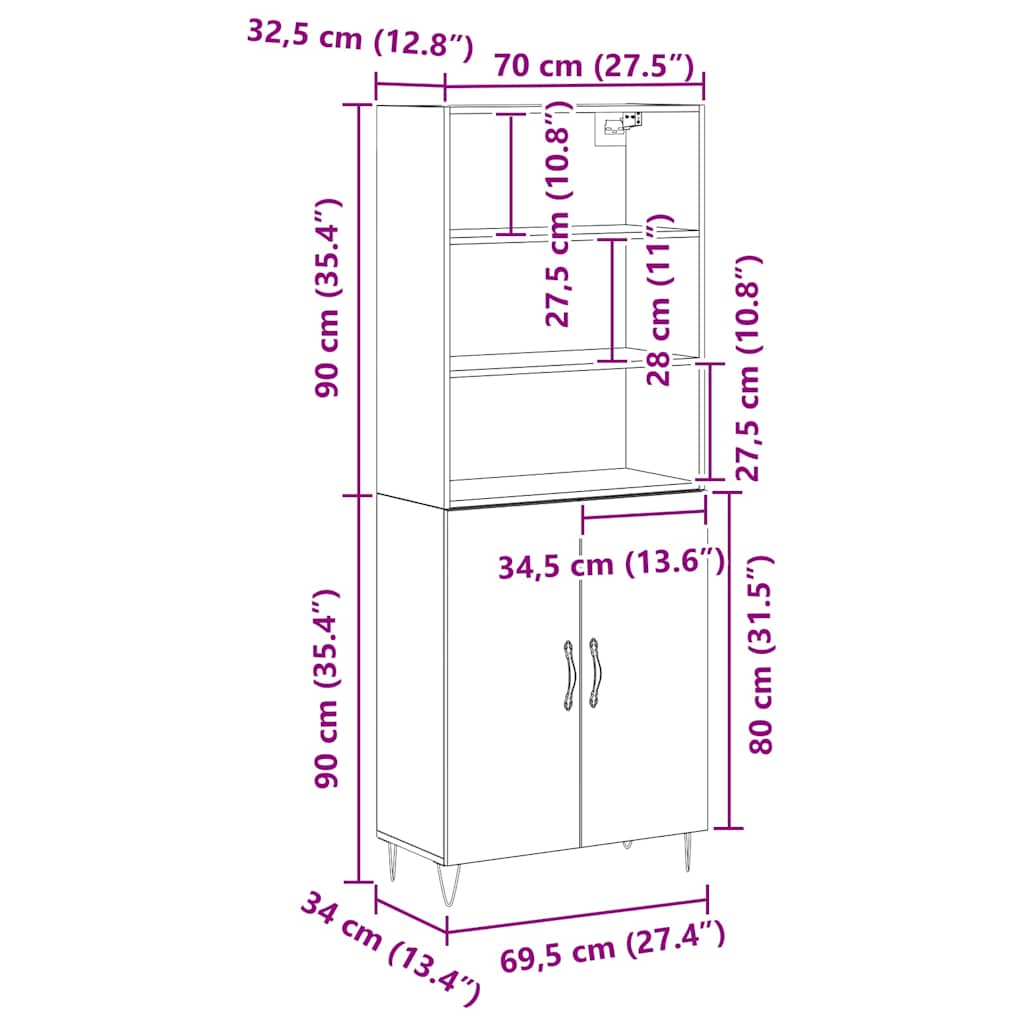 Skåp 2 pcs Svart ek 70 x 34 x 180 cm Konstruerat trä