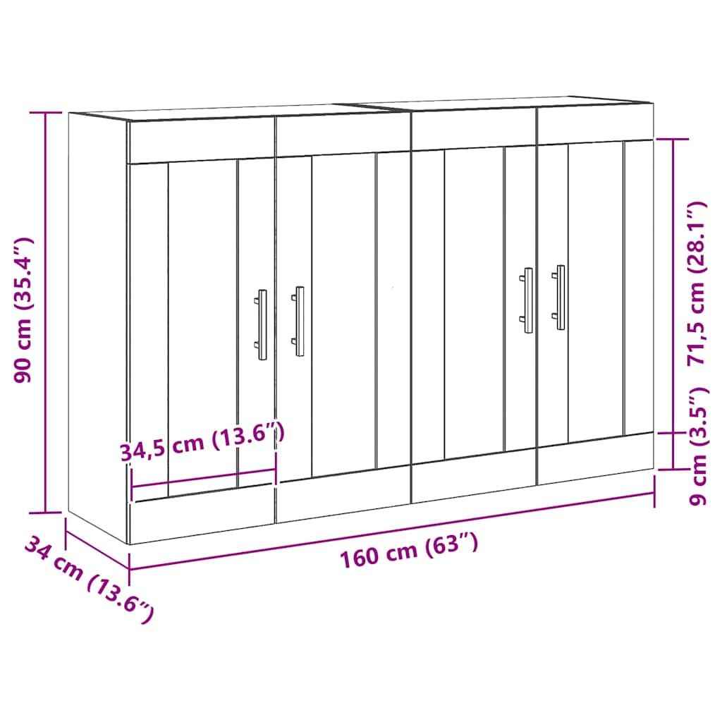 Väggmonterat skåp 2 pcs Gammalt trä 160 x 34 x 90 cm