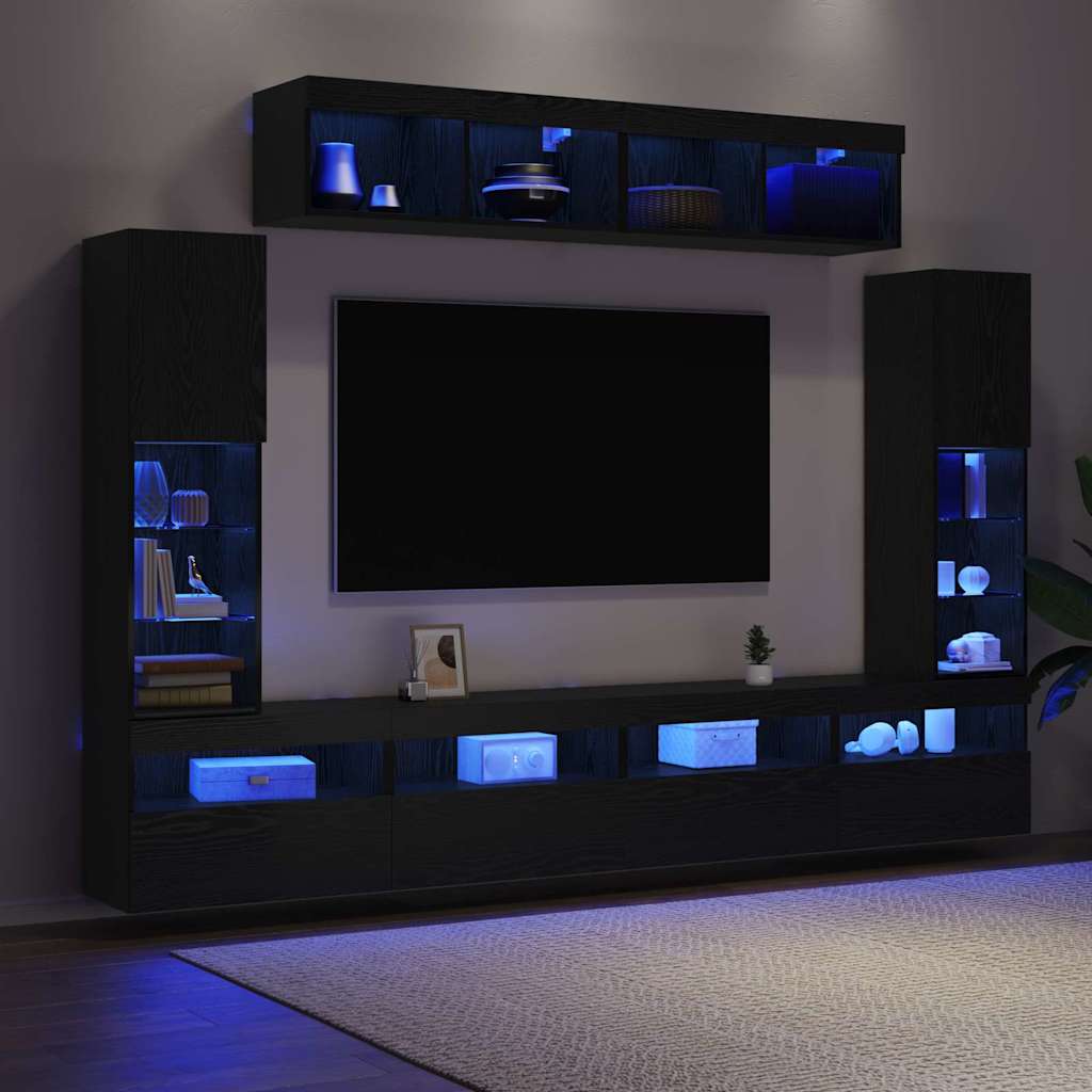 TV väggskåp set Väggmonterad 6 pcs Svart ek 30.5 x 30 x 102 cm