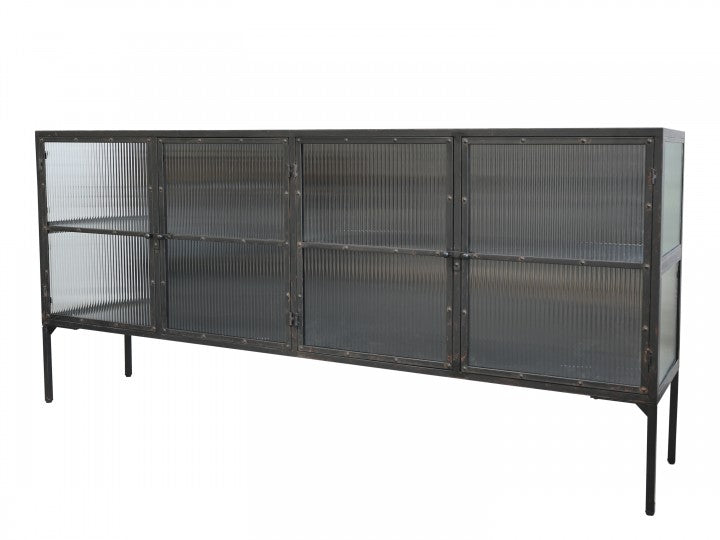 Vitrinskåp räfflade glasdörrar H94 / L200 / B43,5 cm antik svart