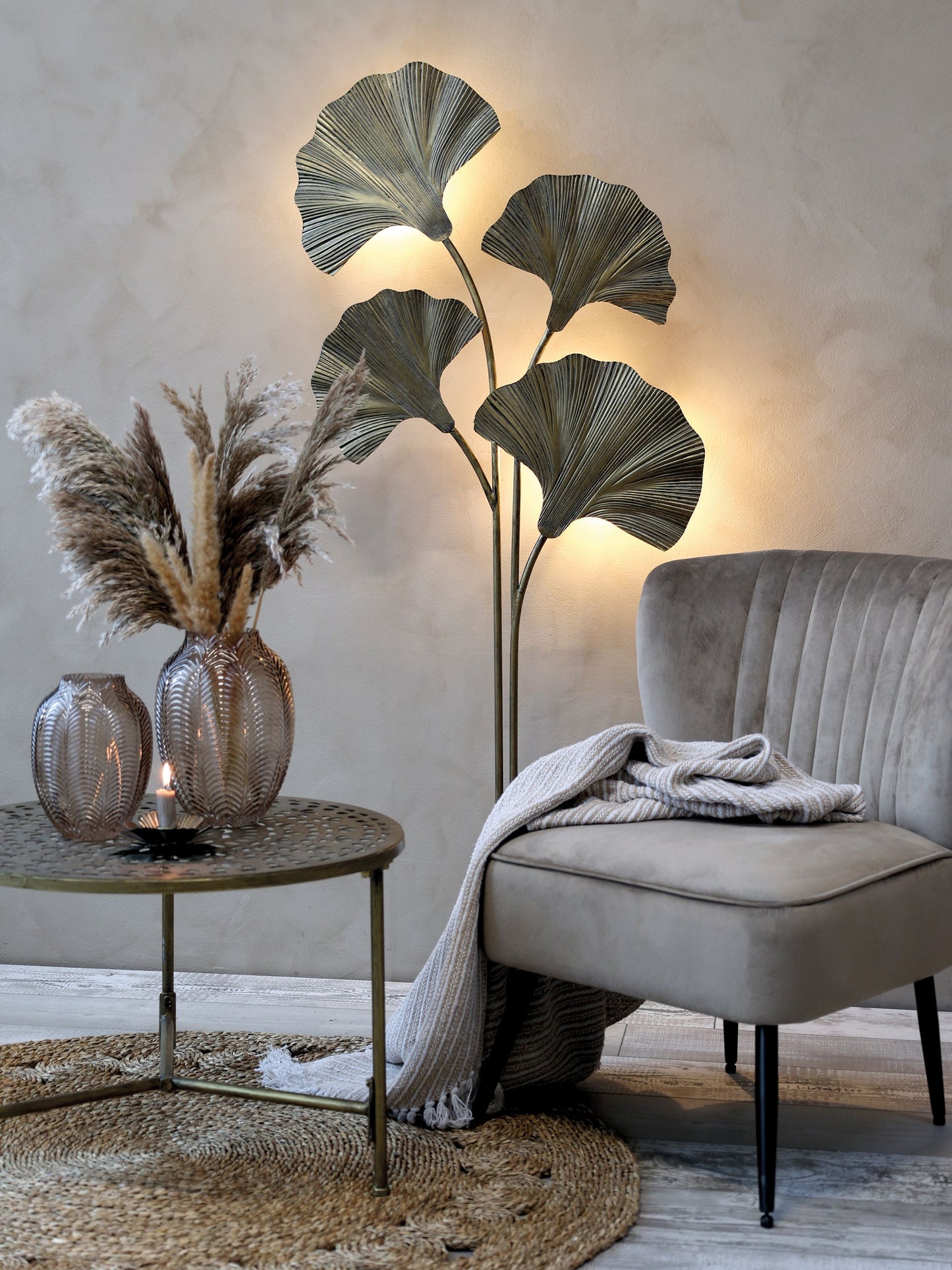 Golvlampa med 4 blad H150 / L65 / B25 cm antik mässing drop