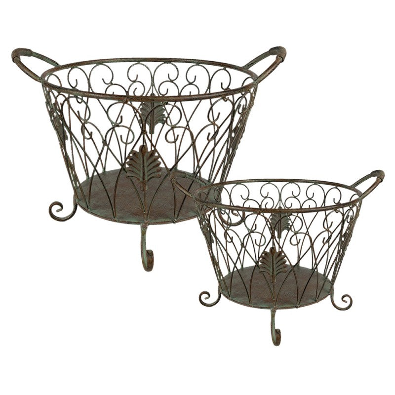 Dekorativ korg Förvaringskorg Järnväxthållare Grön Brun Ø 41 Cm 2-pack
