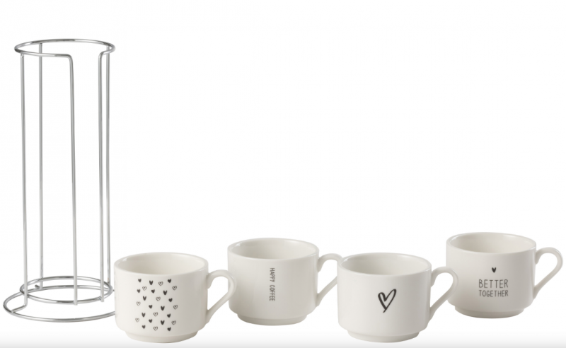 Redskapställ Kopphållare 4 st Rack Love Keramik Vit Svart 12x10x23