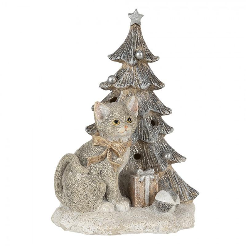 1 Clayre Eef Juldekoration Katt 12x9x16 Cm LED Gr Vit Polyresin