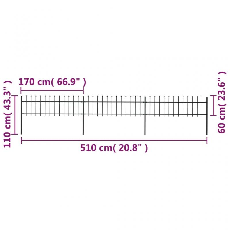 1 VidaXL Trdgrdsstaket med spjuttopp stl rak 3 delar 5,1x0,6 m svart