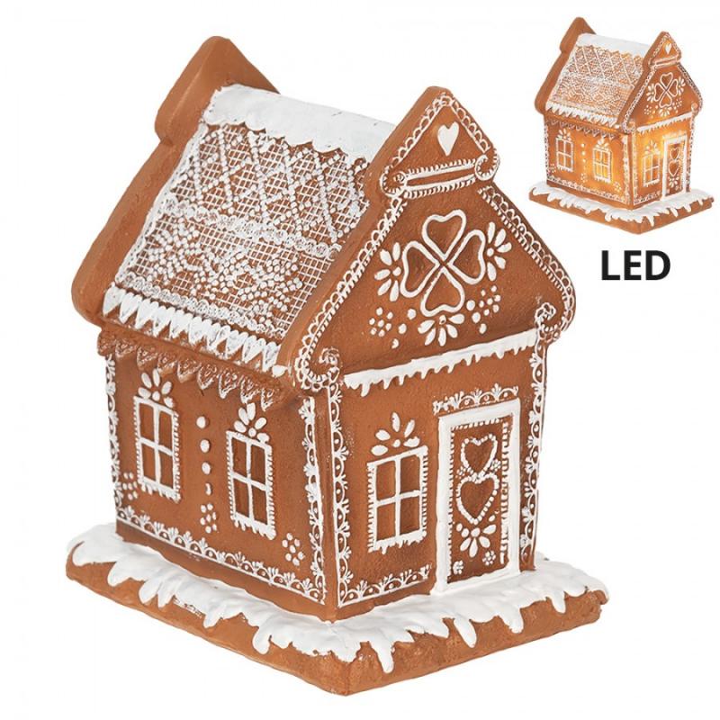 1 Clayre Eef Juldekoration med LED Belysning Hus 17 cm Brun Polyresin Pepparkakshus