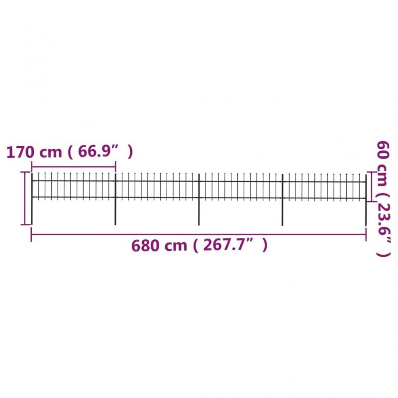 1 VidaXL Trdgrdsstaket med spjuttopp stl rak 4 delar 6,8x0,6 m svart