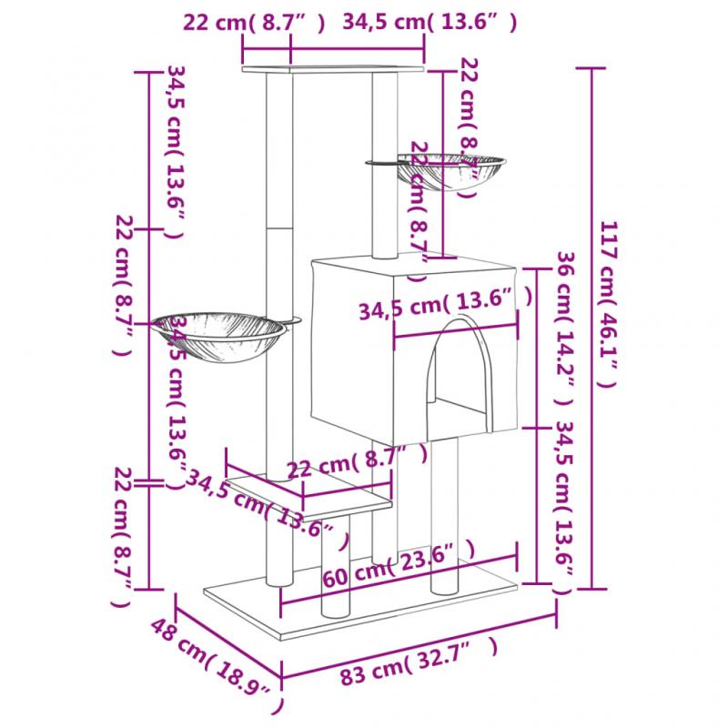 1 VidaXL Kattmbel Klstrd med sisalpelare mrkgr 117 cm