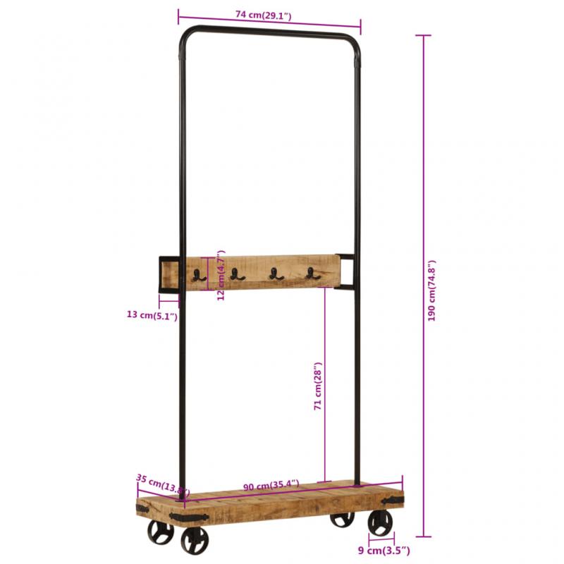 1 VidaXL Kldstllning med hjul 90x35x190 cm massivt mangotr och jrn