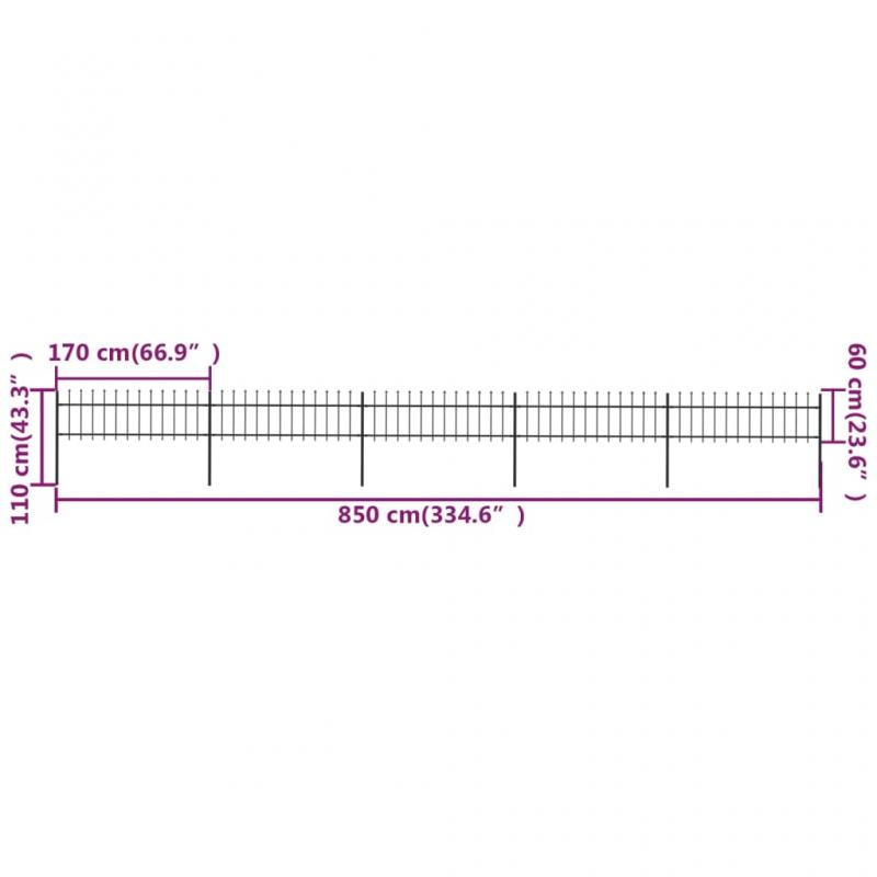 1 VidaXL Trdgrdsstaket med spjuttopp stl rak 5 delar 8,5x0,6 m svart