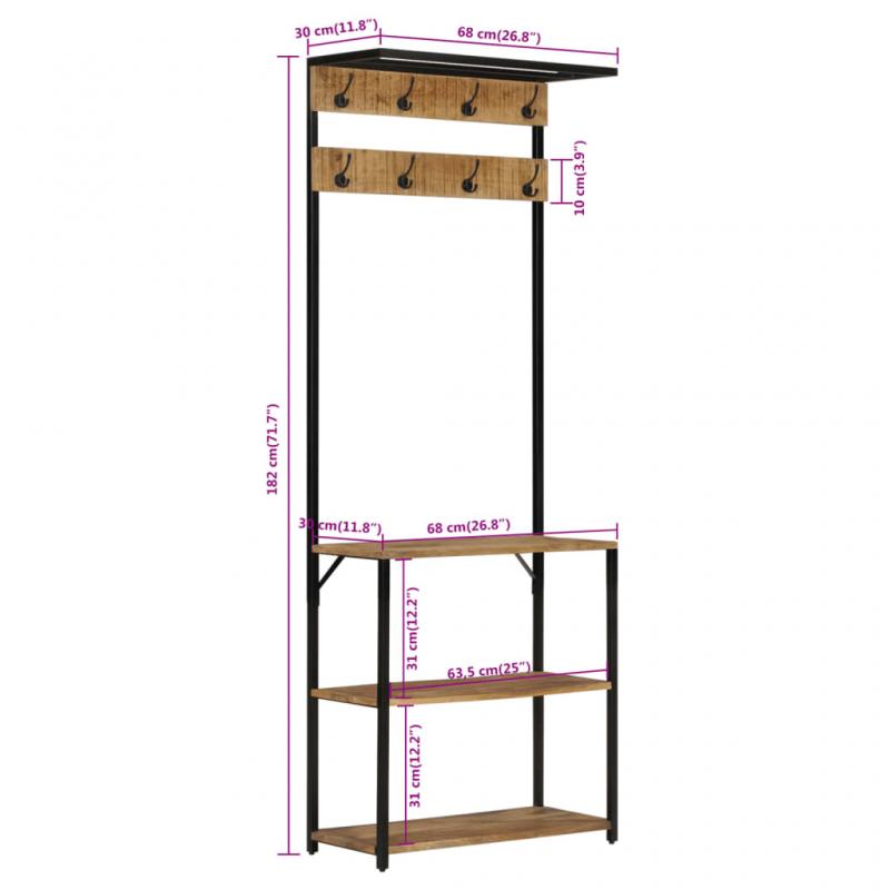 1 VidaXL Kldhngare med skofrvaring 68x30x182 cm massivt mangotr