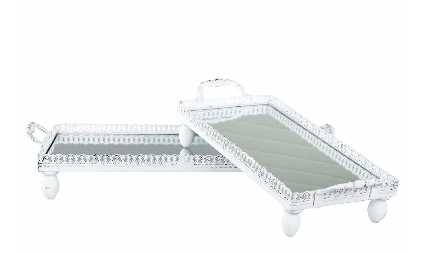 Dekorativt Fat Bricka Spegel Avlång Shabby Vit 2-pack