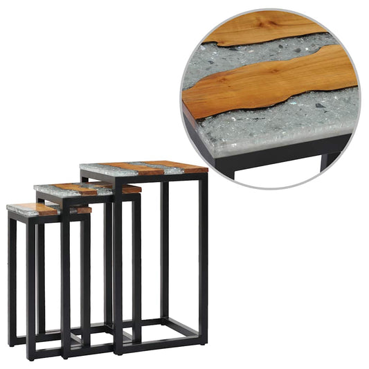 Sidobord Trä 3 st massiv teak och polyresin