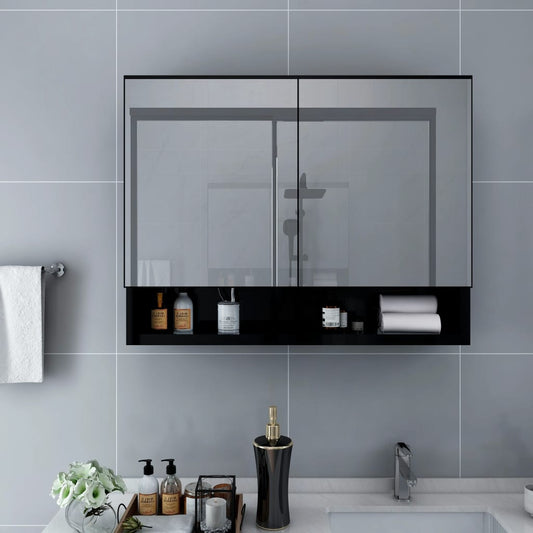 Badrumsspegel Spegelskåp LED Svart 80x15x60 cm
