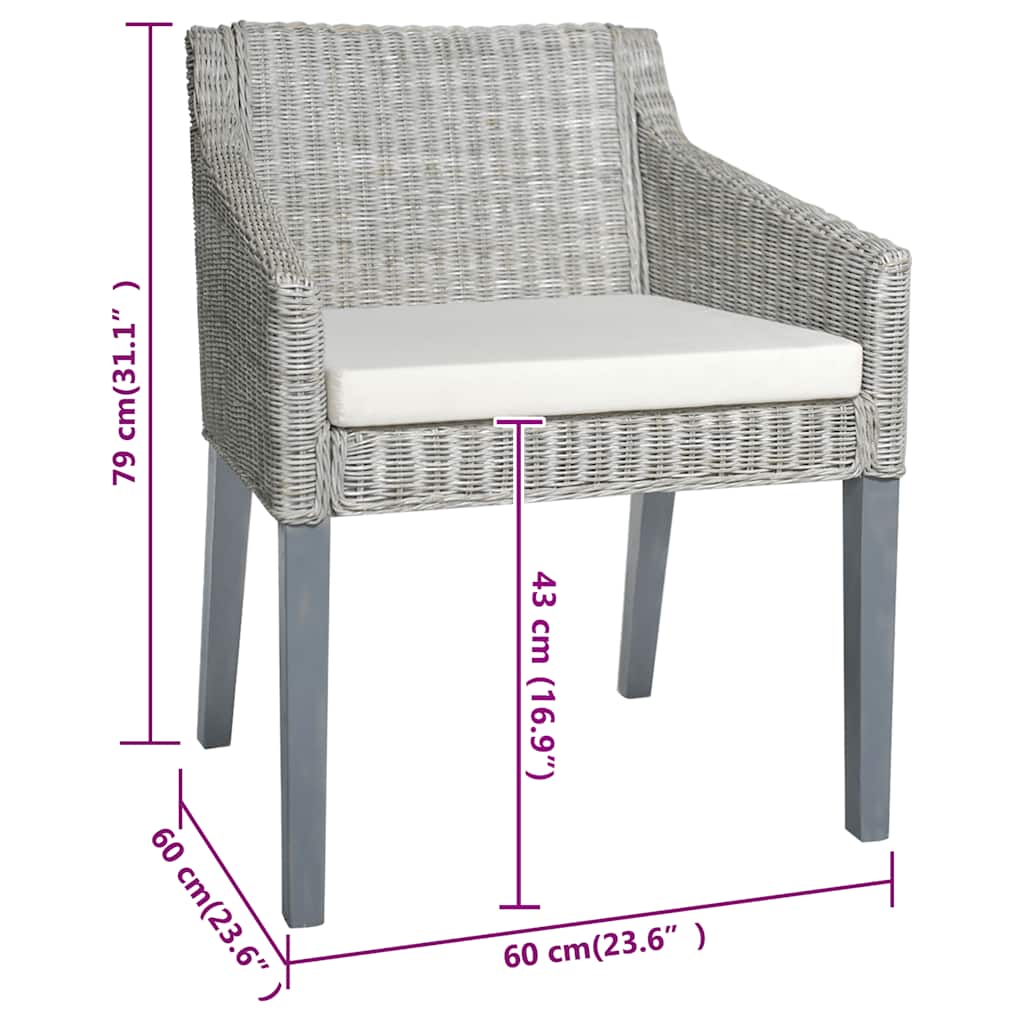 Matstolar med dynor 2 st grå äkta rotting