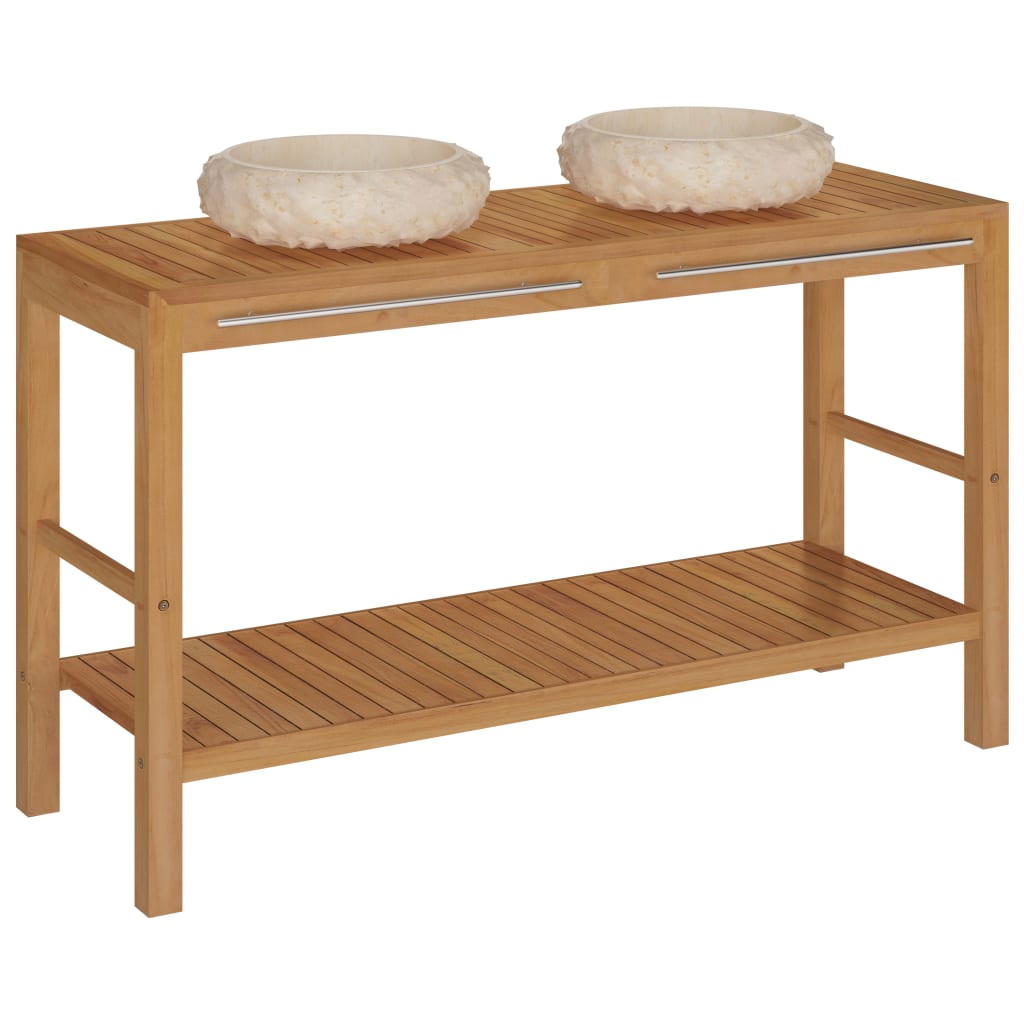 Badrumsunderskåp massiv teak med handfat marmor gräddvit