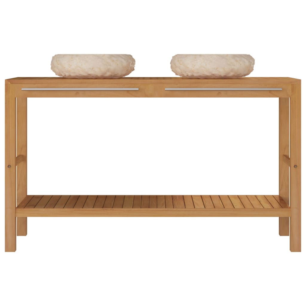 Badrumsunderskåp massiv teak med handfat marmor gräddvit