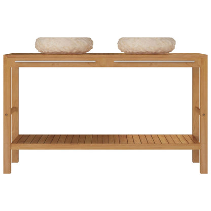 Badrumsunderskåp massiv teak med handfat marmor gräddvit