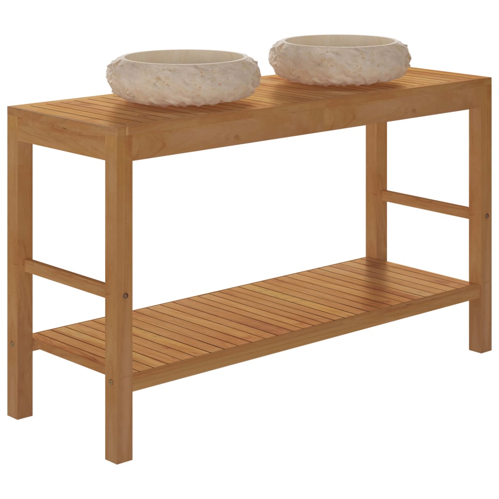 Badrumsunderskåp massiv teak med handfat marmor gräddvit