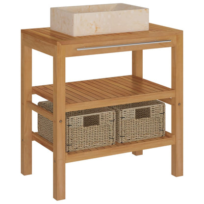 Badrumsunderskåp teak med handfat marmor gräddvit