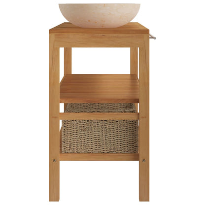 Badrumsunderskåp massiv teak med handfat marmor gräddvit