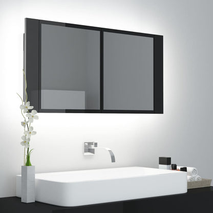 Badrumsspegel Spegelskåp LED Högglans Svart 90x12x45 cm akryl