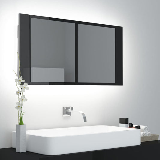 Badrumsspegel Spegelskåp LED Högglans Svart 90x12x45 cm akryl